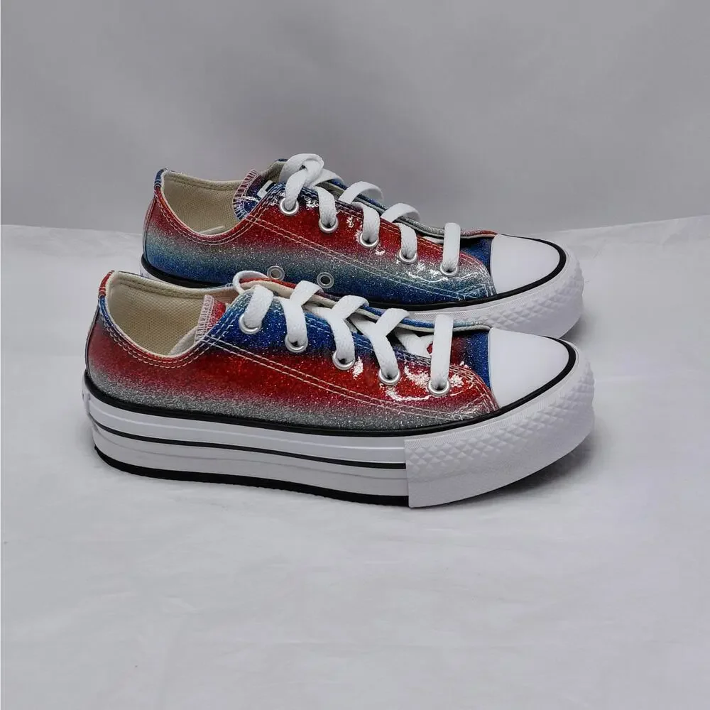Converse All Star Girls Sneakers Size 1 Red Blue Glitter Low Top Back to School
